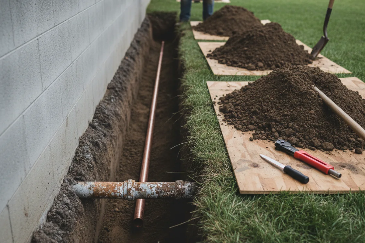Excavated water line trench during Sewer Line Repair in Idaho Falls